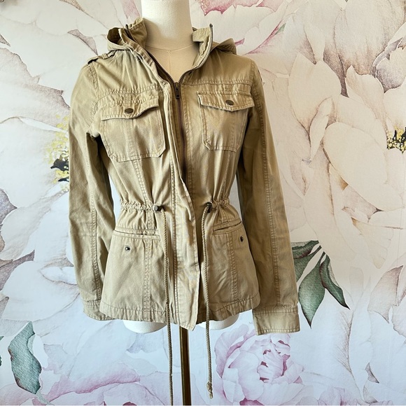 Tan Utility Jacket with Stand-Up Collar and Drawstring Waist - Picture 1 of 9